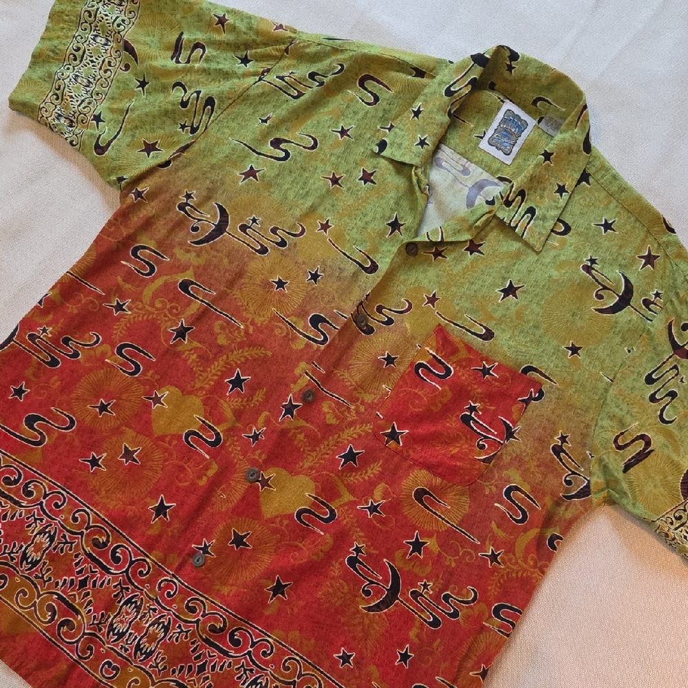Vtg Ocean Current Green Orange Star Lion Celestial Festival Rave Button Up Sz L